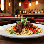 **A vibrant food photo showcasing a fusion dish: Turkish spices meet Asian noodles, garnished with fresh herbs and presented on a rustic wooden table. Bokeh background with a cozy Istanbul restaurant setting. Cinematic lighting.** (This focuses on a concrete example of fusion, uses a familiar setting, and specifies cinematic quality.)