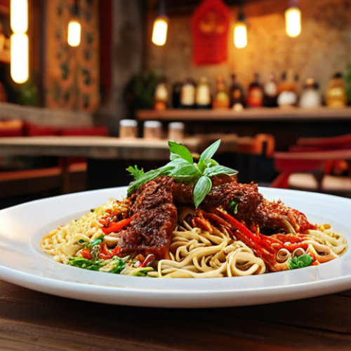 **A vibrant food photo showcasing a fusion dish: Turkish spices meet Asian noodles, garnished with fresh herbs and presented on a rustic wooden table. Bokeh background with a cozy Istanbul restaurant setting. Cinematic lighting.** (This focuses on a concrete example of fusion, uses a familiar setting, and specifies cinematic quality.)