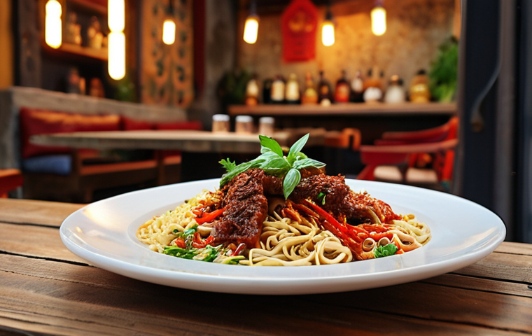 **A vibrant food photo showcasing a fusion dish: Turkish spices meet Asian noodles, garnished with fresh herbs and presented on a rustic wooden table. Bokeh background with a cozy Istanbul restaurant setting. Cinematic lighting.** (This focuses on a concrete example of fusion, uses a familiar setting, and specifies cinematic quality.)